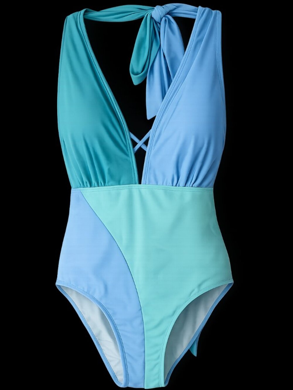 Colorblock Halter One Piece Swimsuit Blue Green Plunge Tie Neck 2XL